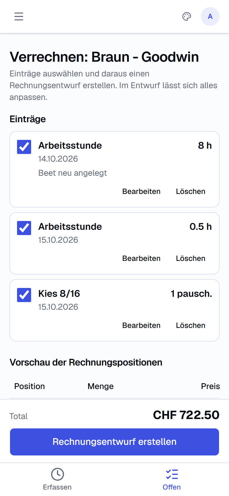 Offene Einträge verrechnen auf dem Smartphone